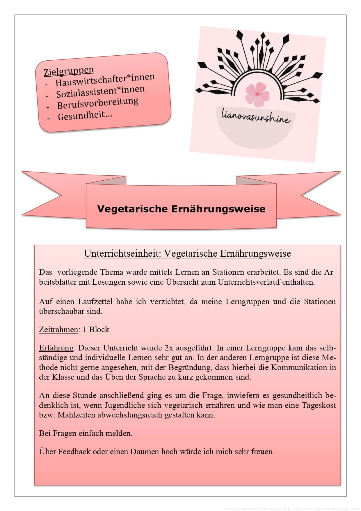 Unterrichtsplanung Vegetarische Ernährungsweise