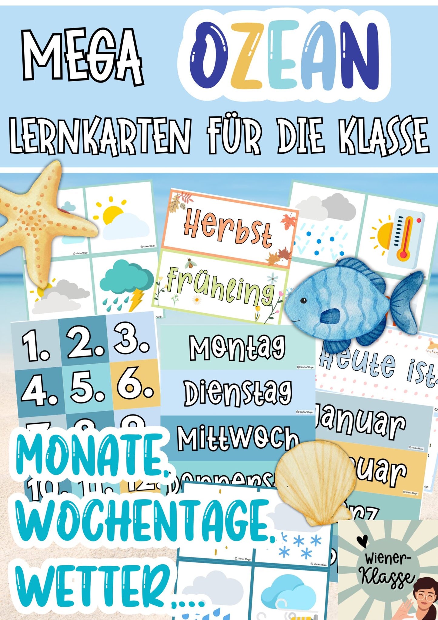 🐠🐳 Unterwasserwelt Klassenraum Deko: Lernkarten: Wochentage, Monate, Jahreszeiten