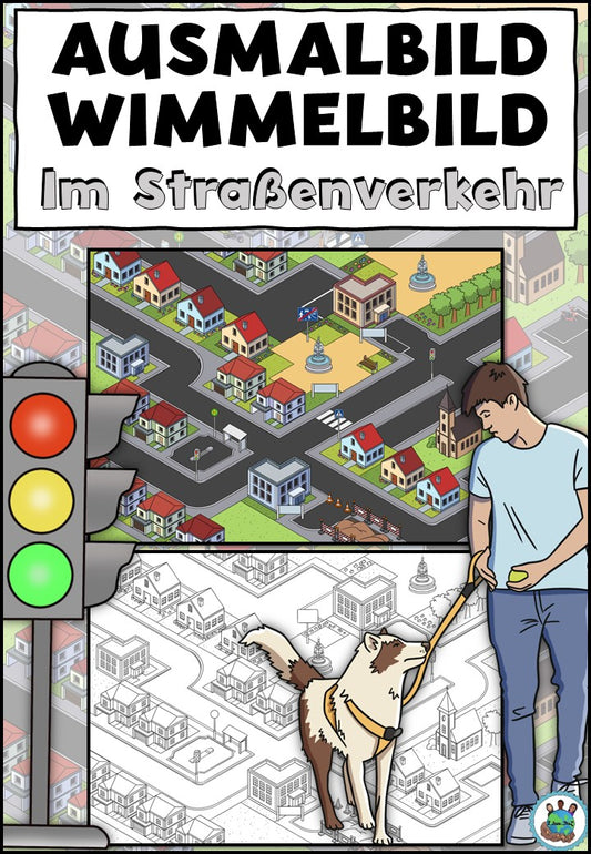 Ausmalbild Wimmelbild "Im Straßenverkehr" Orientierung in der Stadt - DaZ / DaF / Deutsch