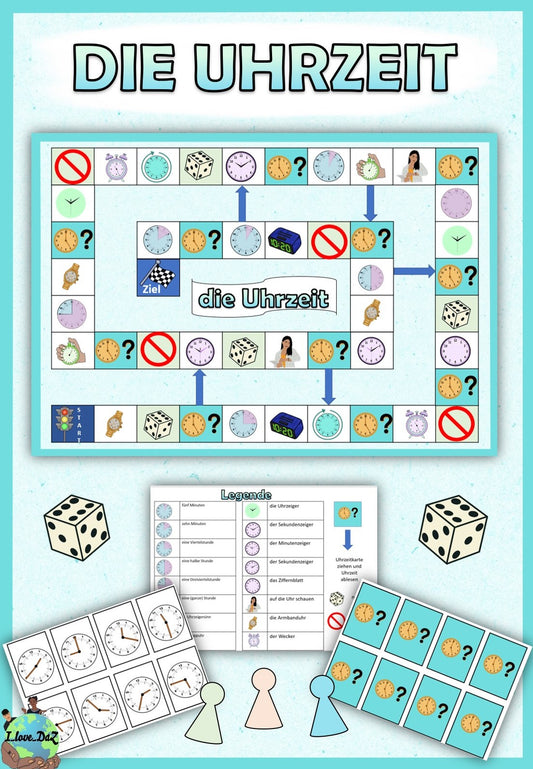 Brettspiel / Spielplan "die Uhrzeit" mit Aufgabenkarten - DaZ