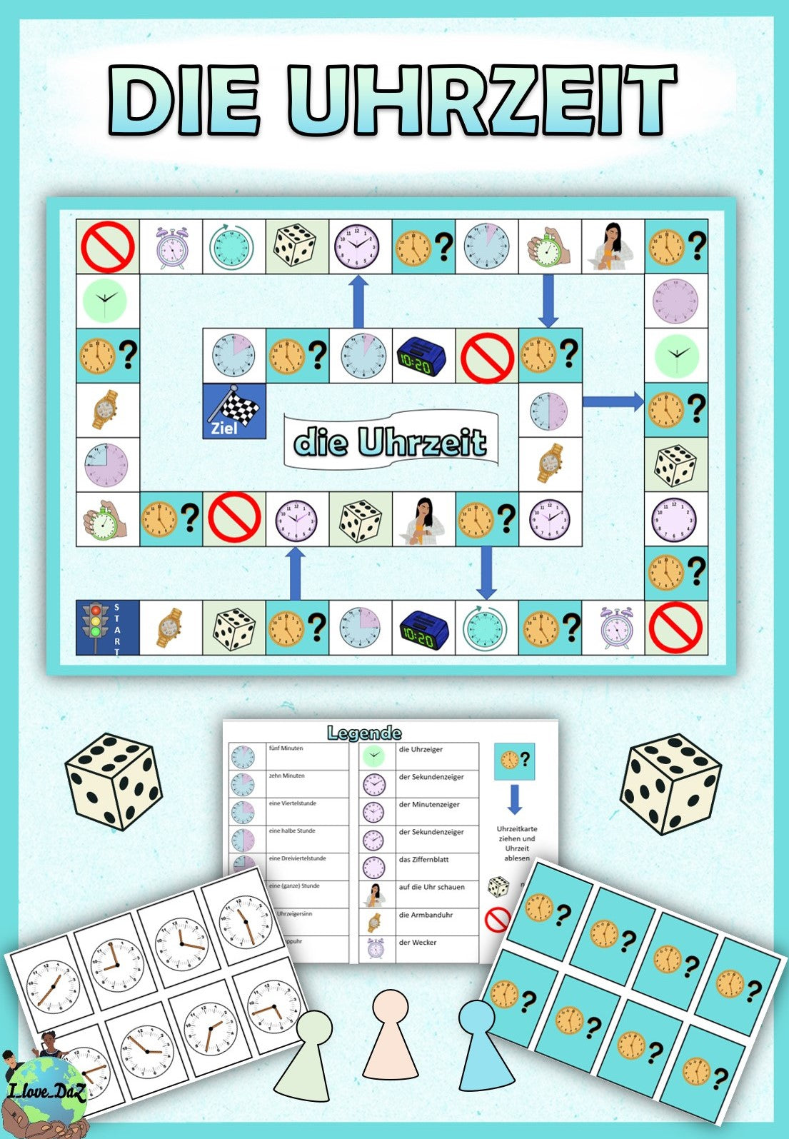 Brettspiel / Spielplan "die Uhrzeit" mit Aufgabenkarten - DaZ