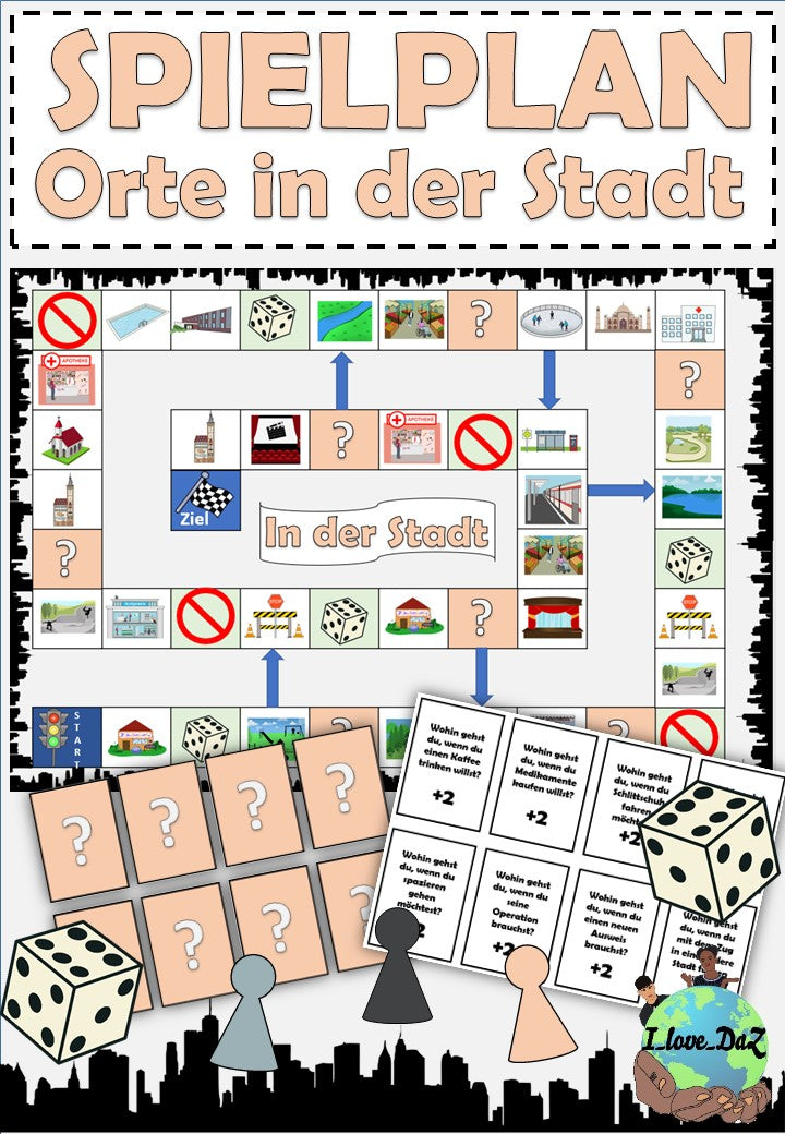 Brettspiel / Spielplan "Orte in der Stadt" zweifach differenziert DaZ / Deutsch