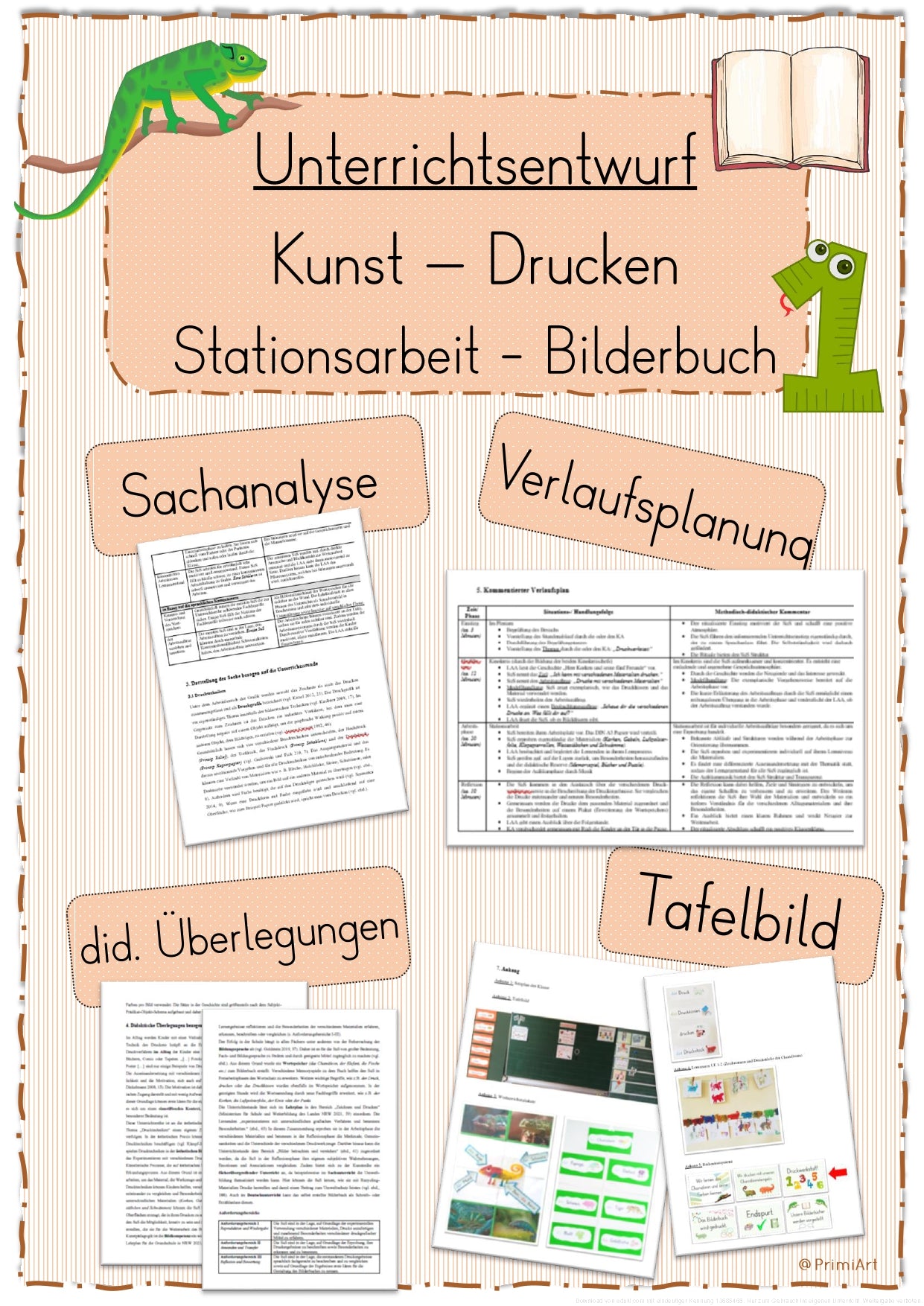 Unterrichtsentwurf Kunst Drucken - Stationsarbeit - Bilderbuch