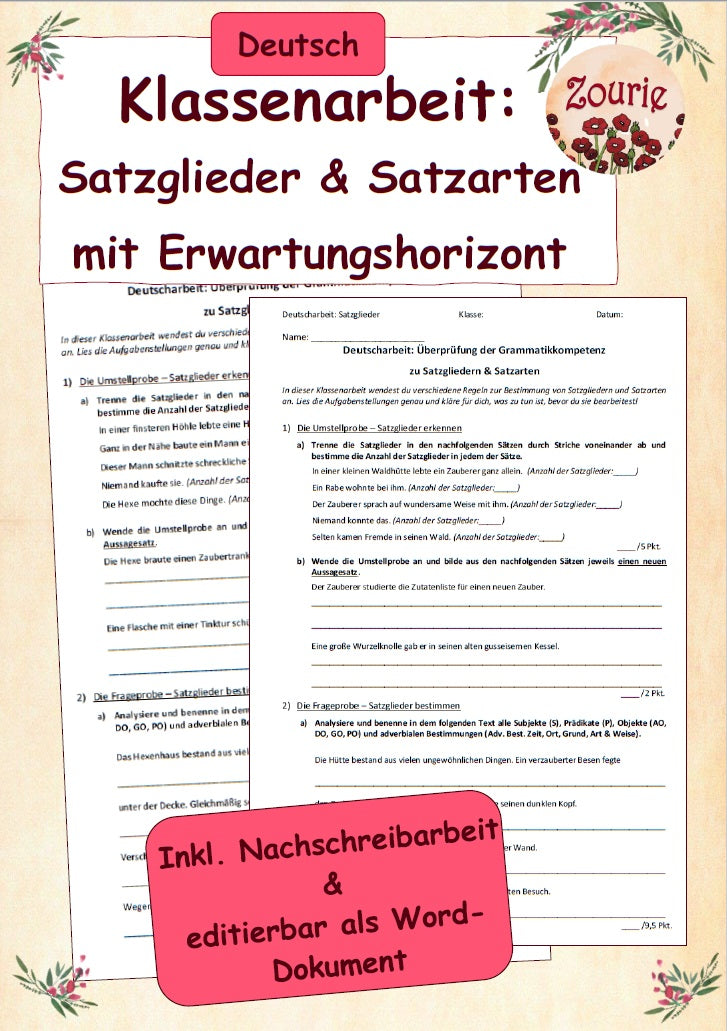 2 Klassenarbeiten zu Satzgliedern mit Erwartungshorizont