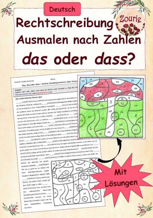 AB Rechtschreibung – dass oder das? Ausmalen nach Zahlen