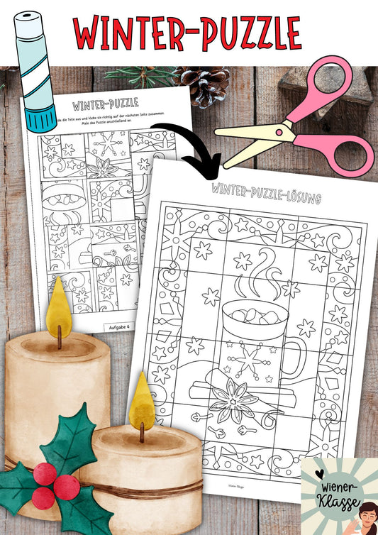 Winter / Weihnachten Puzzle zum Ausschneiden und Anmalen