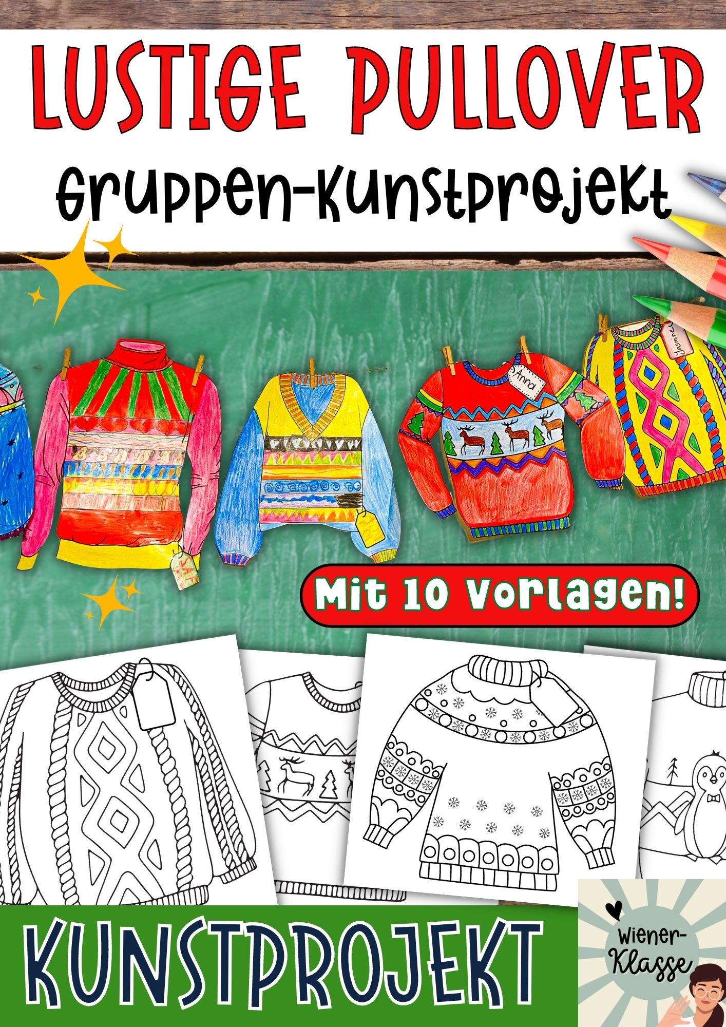 Wintergirlande mit lustigen Pullovern - Winter Kunstprojekt / Gruppen-Bastelidee