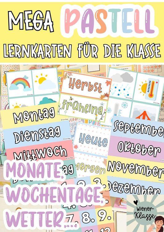 Classroom Management: Monate, Wochentage, Jahreszeiten Karten / Klassenraum Deko in Pastell