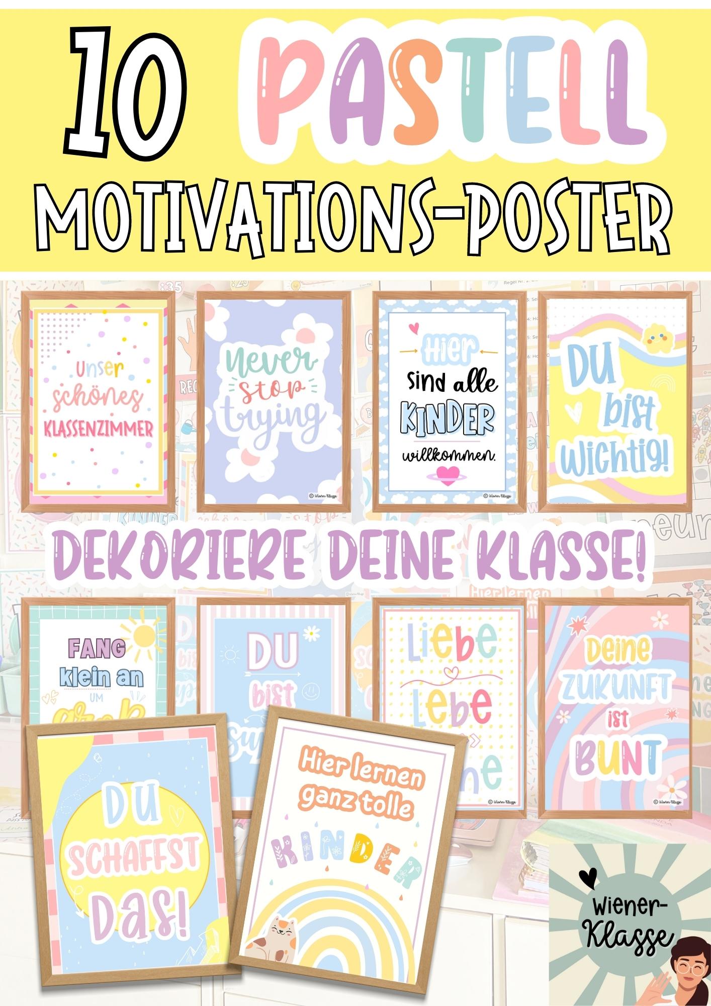 10 Pastell Wandbilder für die Klasse, Poster mit Motivationssprüchen und Affirmationen