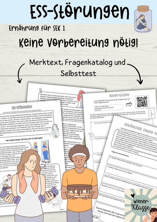 "Ess-Störungen" Arbeitsblatt mit Merktext und Fragenkatalog + Selbsttest