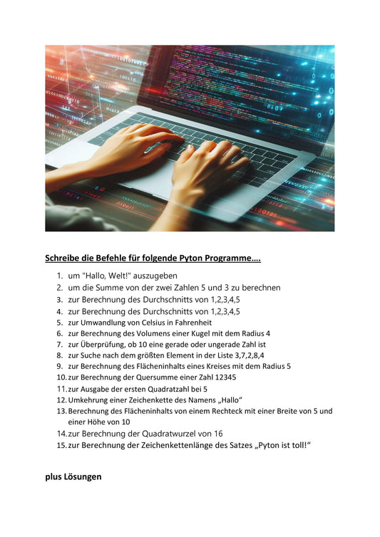 15 Aufgaben zum Schreiben von Befehlen für Python-Programme + Lösungen