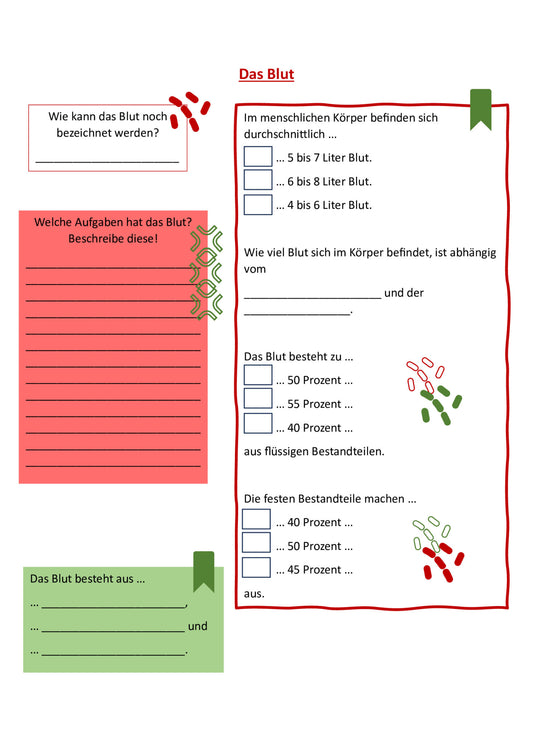 5 Sachtexte zum Thema "Blut" mit jeweils passenden Arbeitsblatt incl. Lösungen