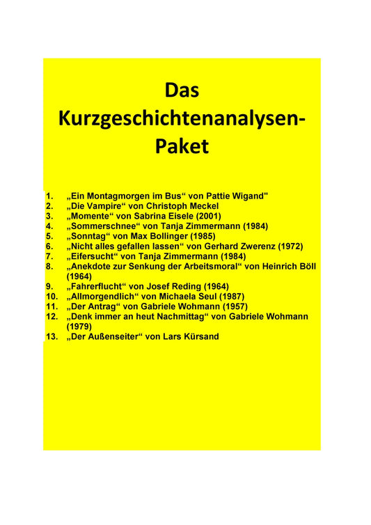 13 Kurzgeschichtenanalysen im Paket