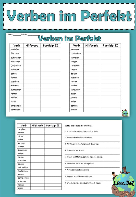 Verben im Perfekt - Tabelle zum Eintragen (36 gängige Verben) DaZ / Deutsch