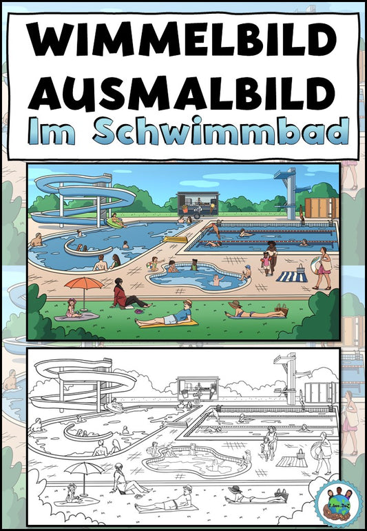 Ausmalbild / Wimmelbild "Im Schwimmbad" DaZ / DaF / Deutsch